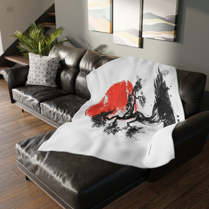 Traditional Chinese Bonsai & Red Sun 2-Sided Throw Blanket, Elegant Ink Wash Style Art, Serene Zen Decor for Home, Bedroom, Living Space, and Dorms