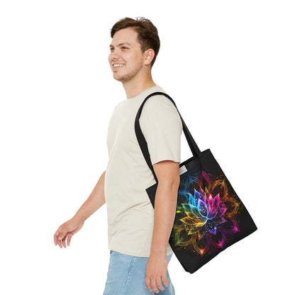 Luminous Lotus Double-Sided Tote Bag, Vibrant Energy Motif, Radiant Floral Mandala, Cosmic Bloom Design, Ethereal Color Spectrum Accessory