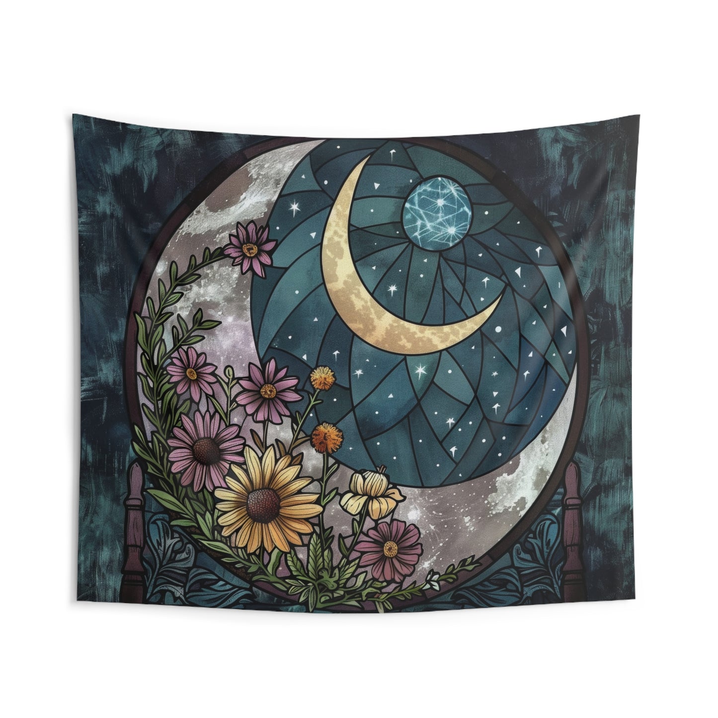 Enchanted Night Blooms & Crescent Moon Wall Tapestry, Stained Glass Style Floral Art, Mystic Decor for Peaceful & Dreamy Spaces