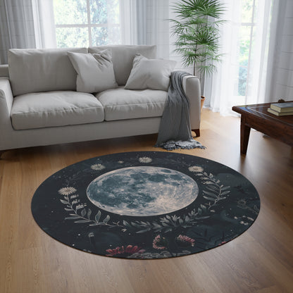 Full Moon & Wildflower Mandala Chenille Rug – Occult-Inspired Decor for Living Room, Bedroom, and Meditation Spaces