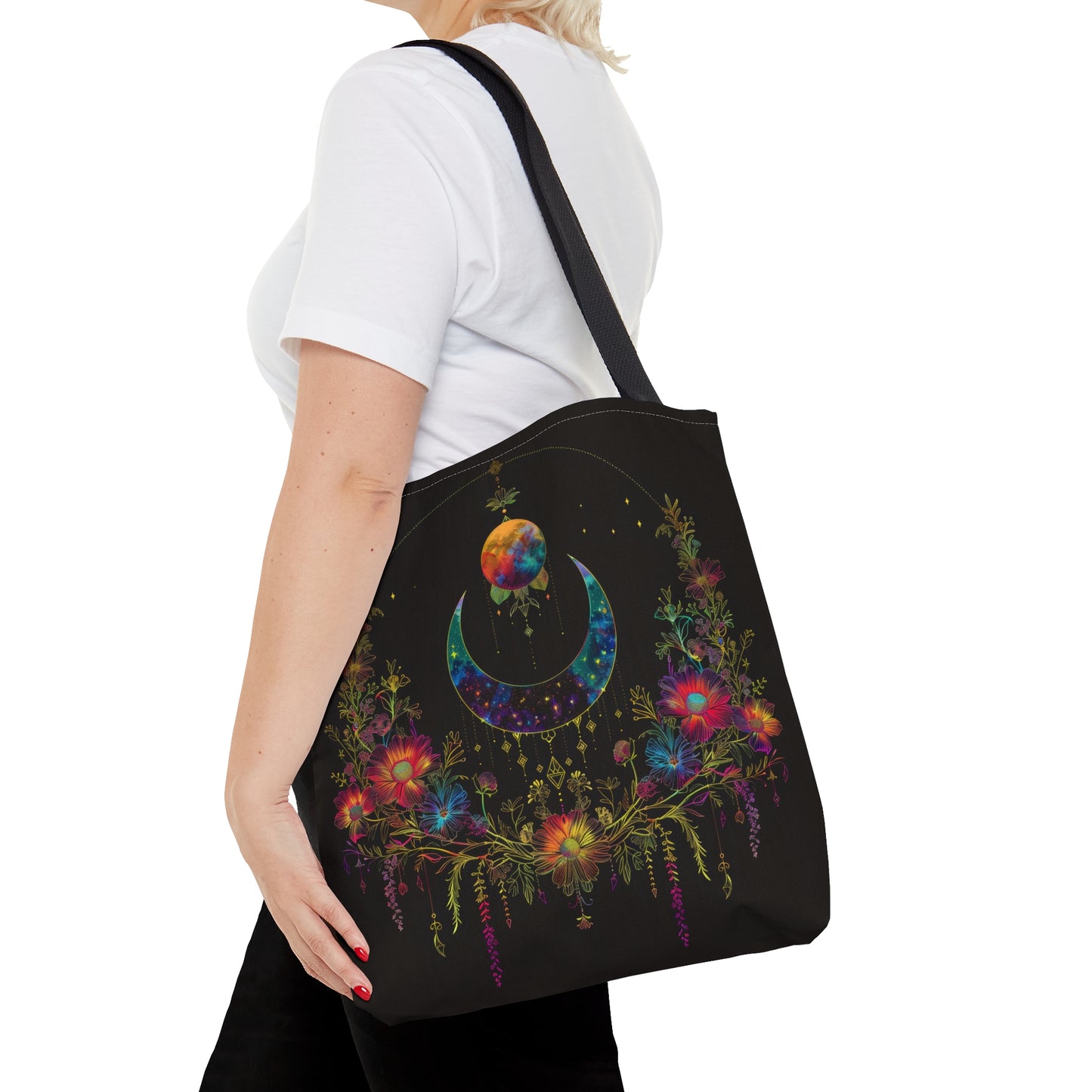 Celestial Garden Double-Sided Tote Bag, Cosmic Bloom Aesthetic, Moonlit Floral Symphony, Starlit Wilderness Design, Galactic Botanical Accessory