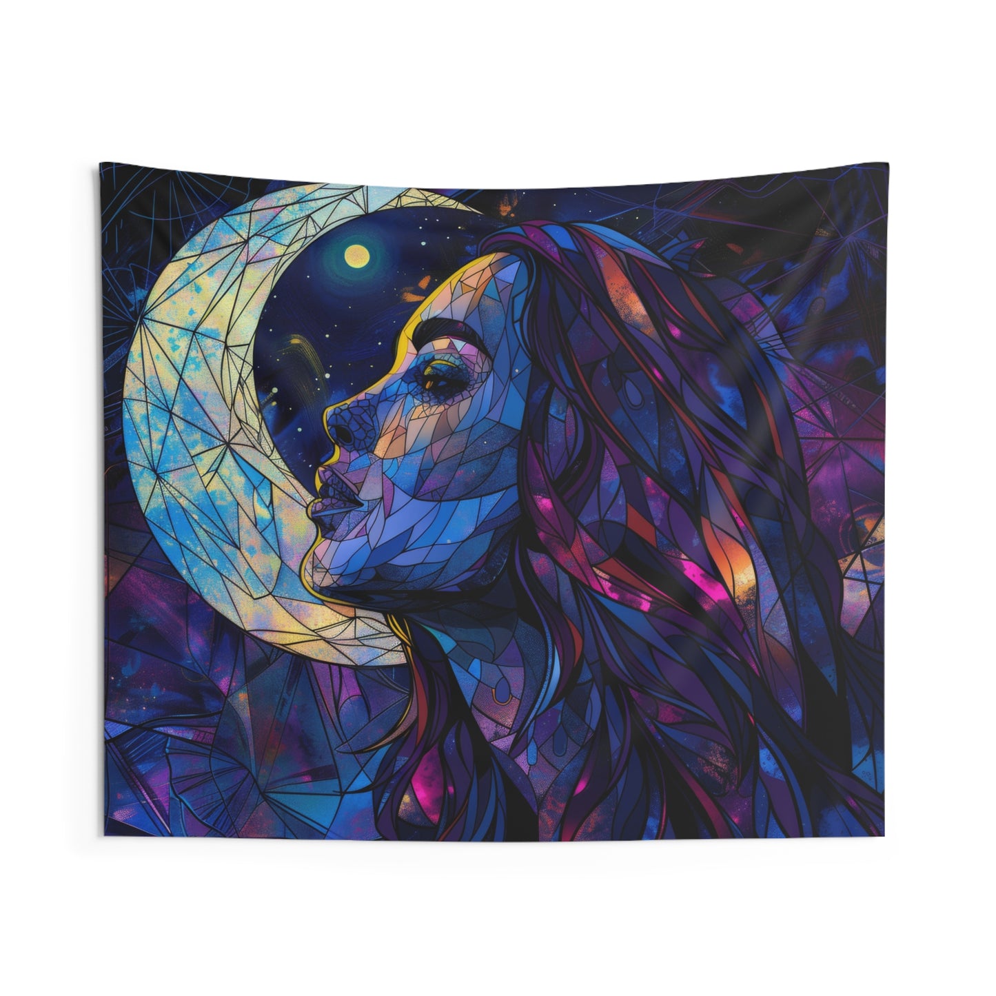 Starry-Eyed Lunar Goddess Stained Glass Wall Tapestry, Celestial Charm Decor, Enigmatic Beauty for Contemplative & Mystical Spaces