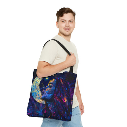 Celestial Lunar Goddess Stained Glass Tote Bag, Ethereal Night Sky Design, Artistic Carryall with Black Handles for Daily Use & Inspiration