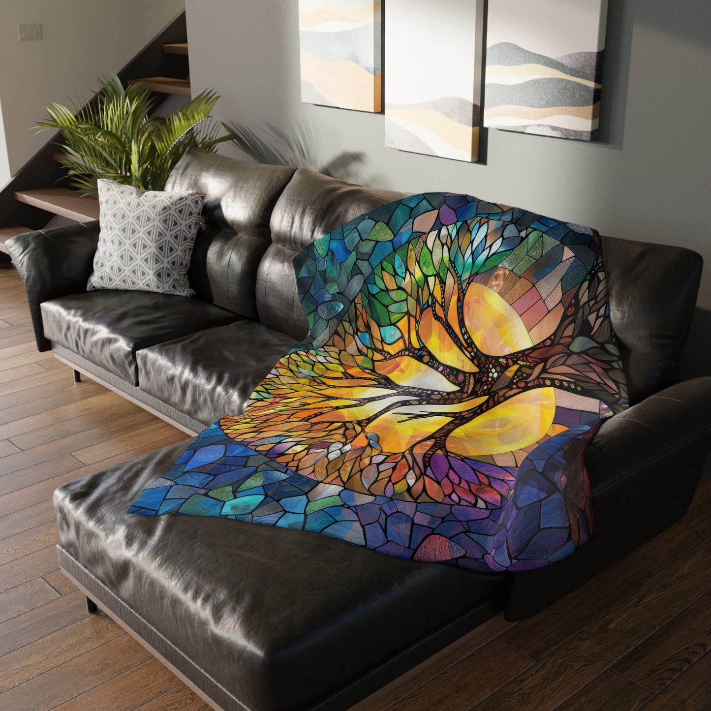 Tree of Life Stained Glass Double-Sided Throw Blanket, Vivid Nature Tapestry, Cozy Decorative Comfort for Home & Serene Retreat Spaces