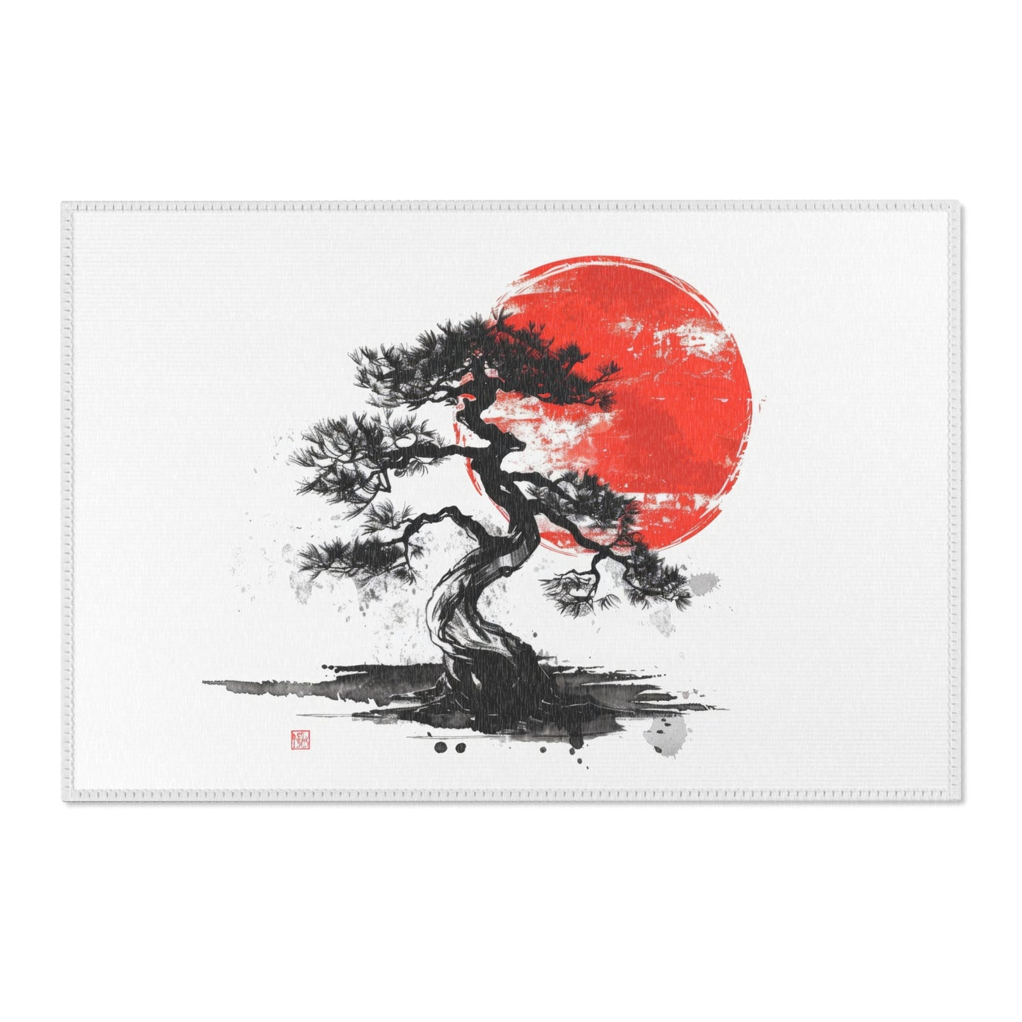 Traditional Chinese Bonsai & Red Sun Chenille Area Rug, Elegant Ink Wash Style Art, Serene Zen Decor for Home, Bedroom, Living Space, and Dorms