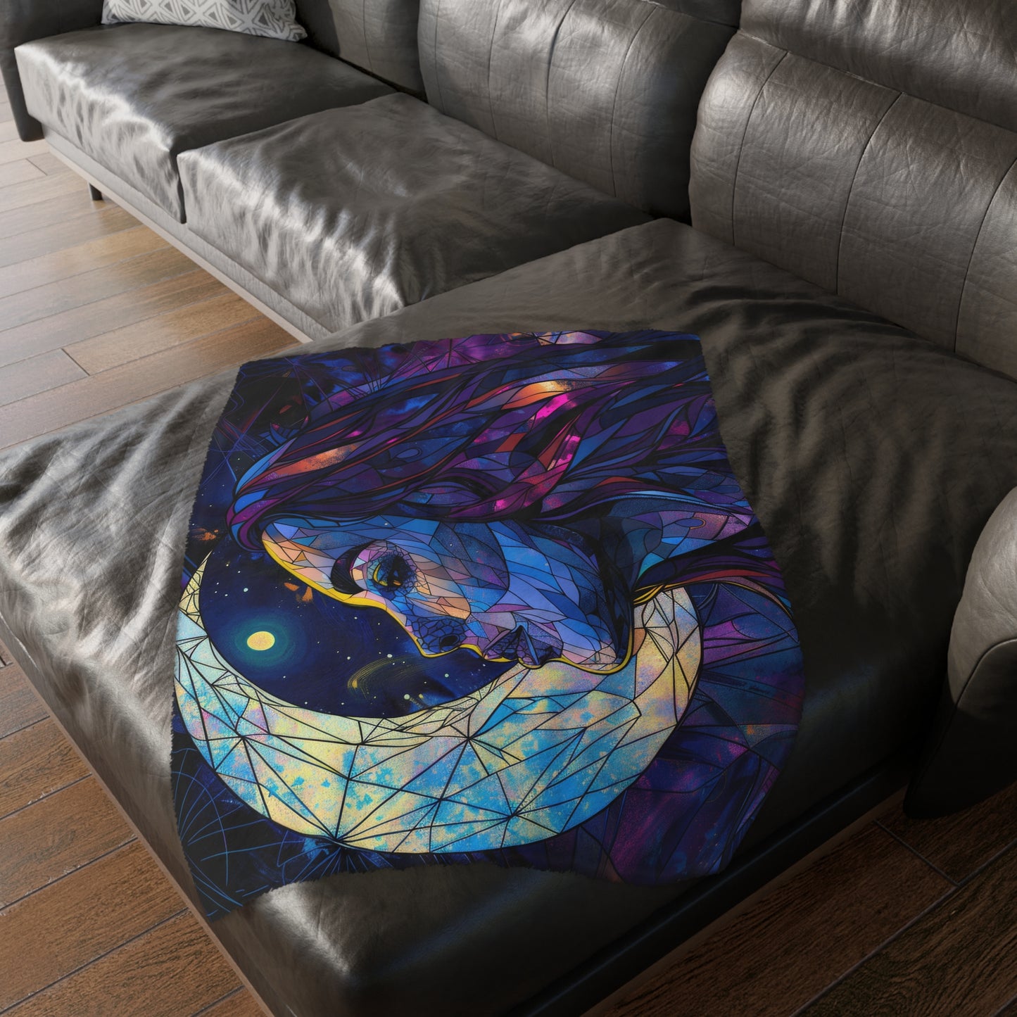 Moonlit Muse Stained Glass Double-Sided Throw Blanket, Lunar Goddess Illustration, Mystical Comfort for Nights & Cozy Spaces