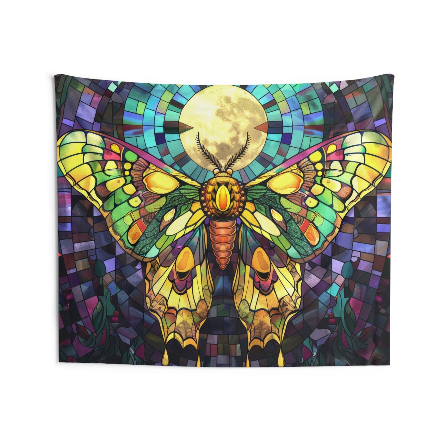 Golden Sunset Moth & Full Moon Wall Tapestry, Stained Glass-Inspired Vibrant Wing Artistry, Decorative Piece for Creative & Inspiring Spaces