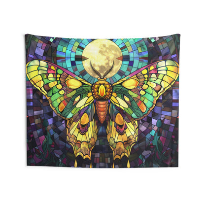 Golden Sunset Moth & Full Moon Wall Tapestry, Stained Glass-Inspired Vibrant Wing Artistry, Decorative Piece for Creative & Inspiring Spaces