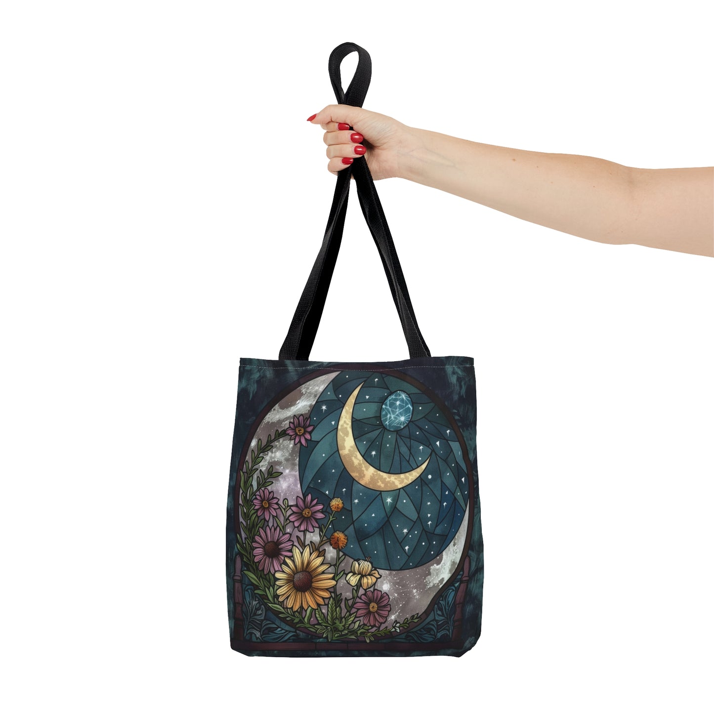 Midnight Bloom & Crescent Moon Stained Glass Tote Bag, Botanical Night Design, Stylish Carryall with Black Handles for Chic Adventures