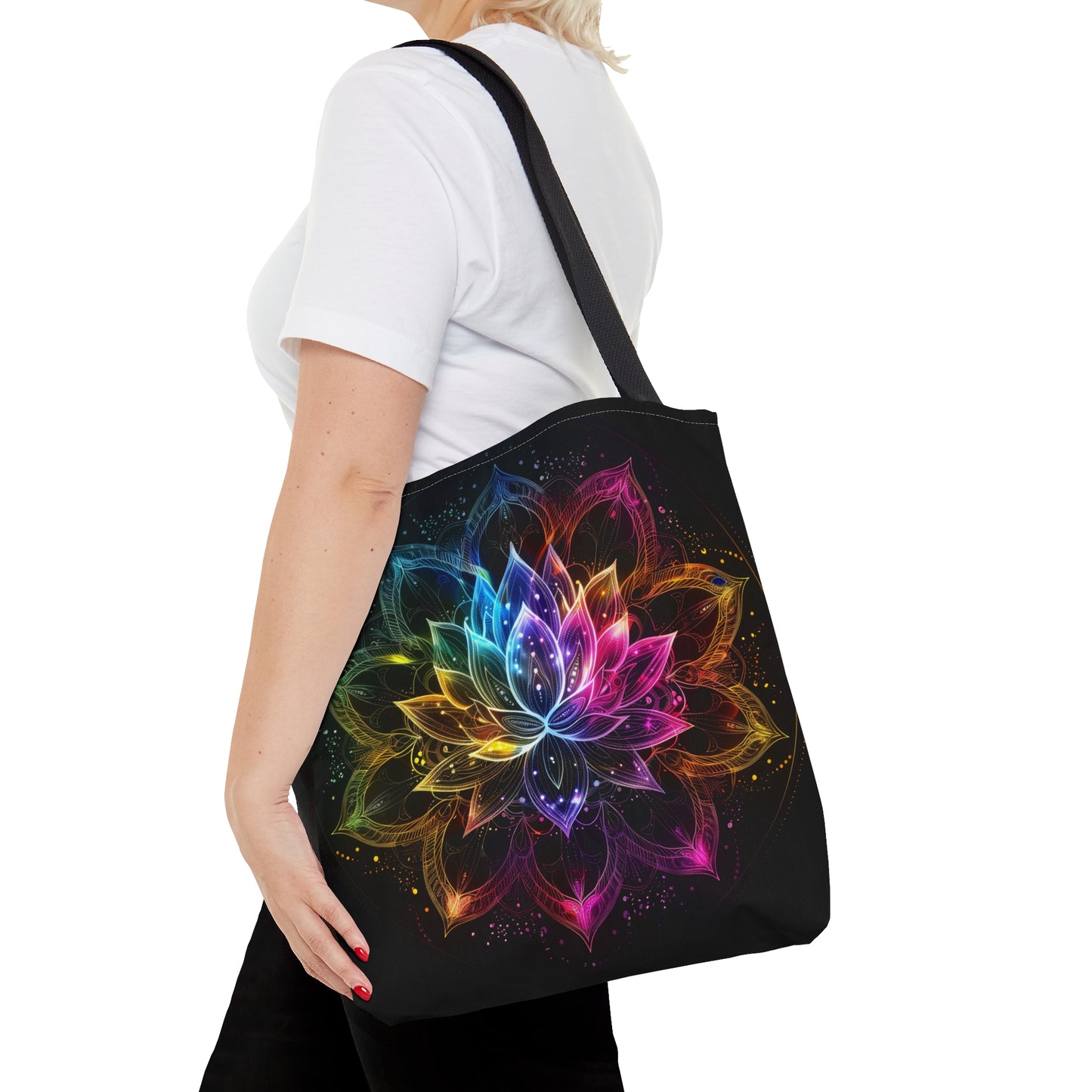 Luminous Lotus Double-Sided Tote Bag, Vibrant Energy Motif, Radiant Floral Mandala, Cosmic Bloom Design, Ethereal Color Spectrum Accessory