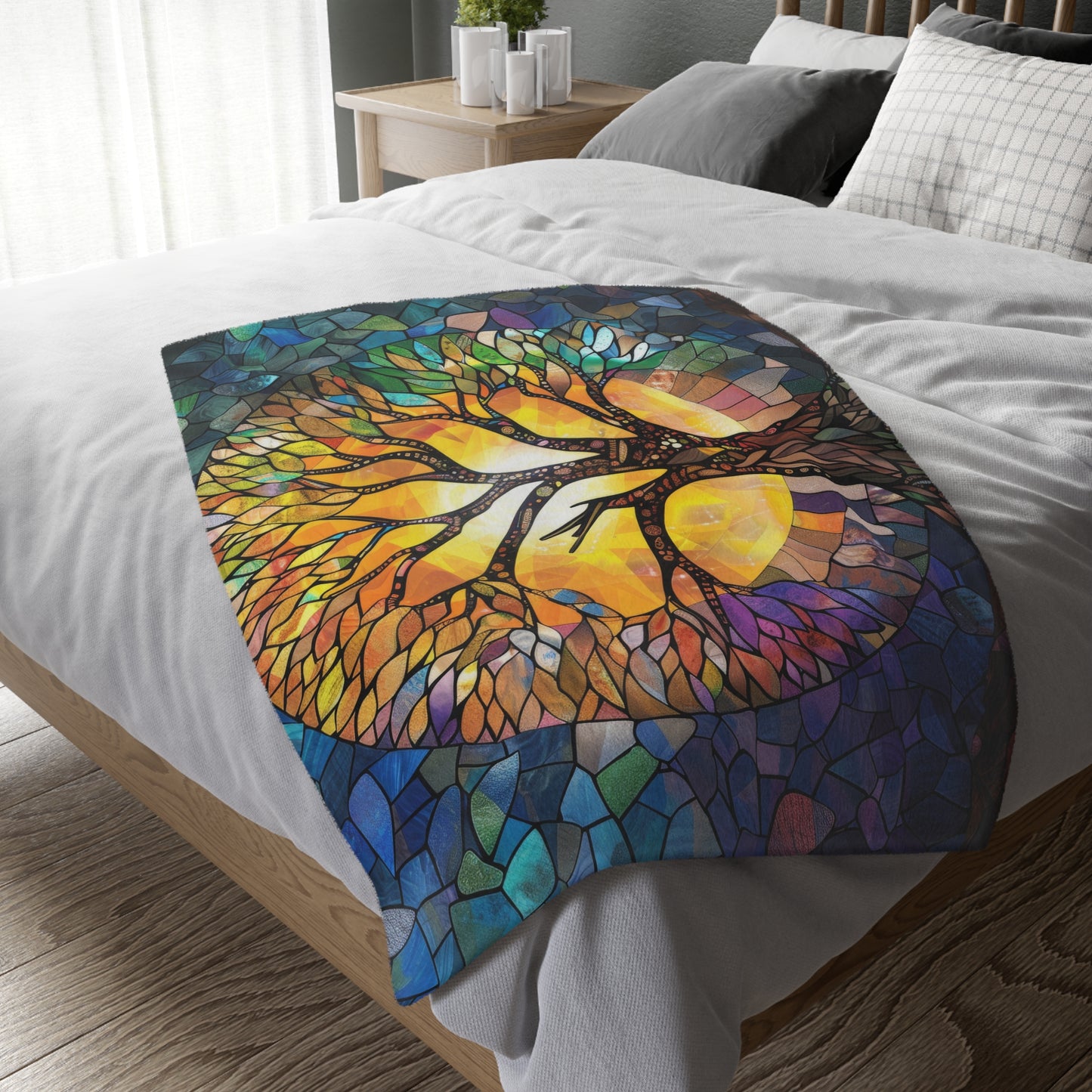 Tree of Life Stained Glass Double-Sided Throw Blanket, Vivid Nature Tapestry, Cozy Decorative Comfort for Home & Serene Retreat Spaces