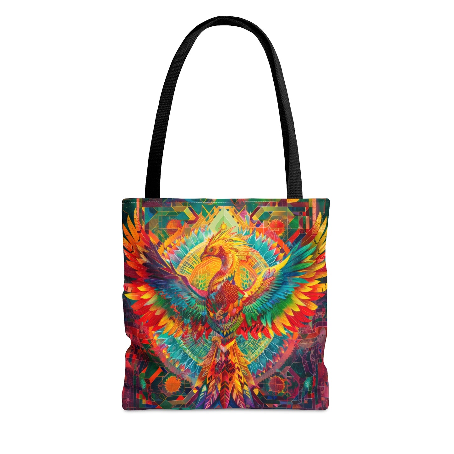 Psychedelic Rainbow Phoenix Double Sided Tote Bag, Street Art Aesthetic, Vibrant Colorful Fashion Style, 3 Sizes, Black Handles