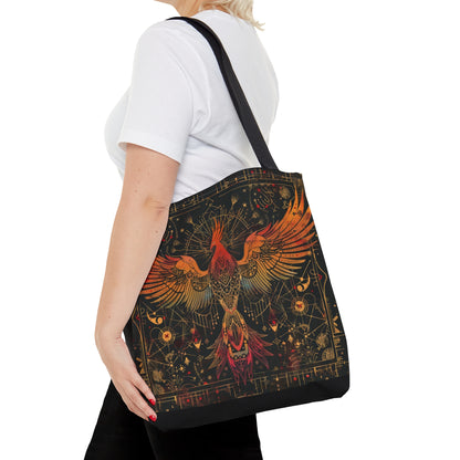 Rising Phoenix Polyester Tote Bag (Double Sided), Dark Occult and Sacred Geometry Inspired, Available in 3 Sizes with Black Handles