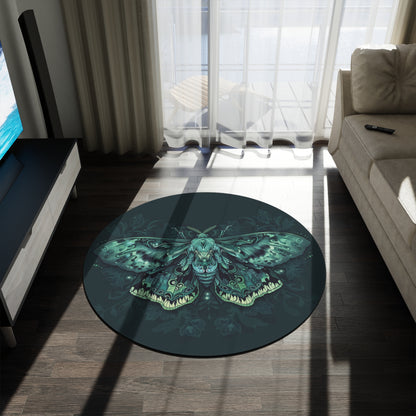 Green Lunar Moth Chenille Round Area Rug, Moon Lover Design, Vibrant Emerald Bedroom, Living and Meditation Space Decor