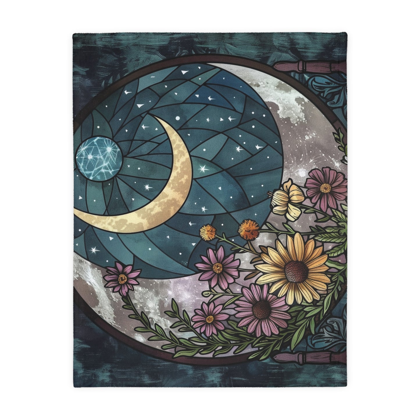 Nocturnal Blossom & Crescent Moon Stained Glass Double-Sided Throw Blanket, Starlit Floral Elegance, Soft Warmth for Evening Unwinding