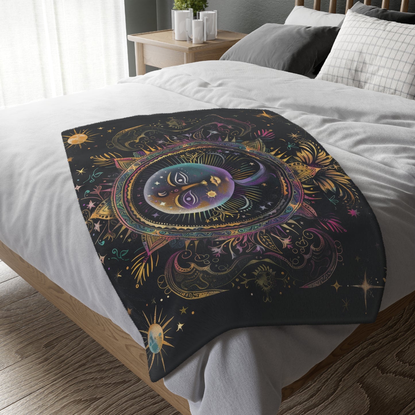 Rainbow Sun Electric Mandala Double Sided Throw Blanket, Sacred Geometry Style Colored Chalk Aesthetic, Mystical Bedroom & Living Room Decor