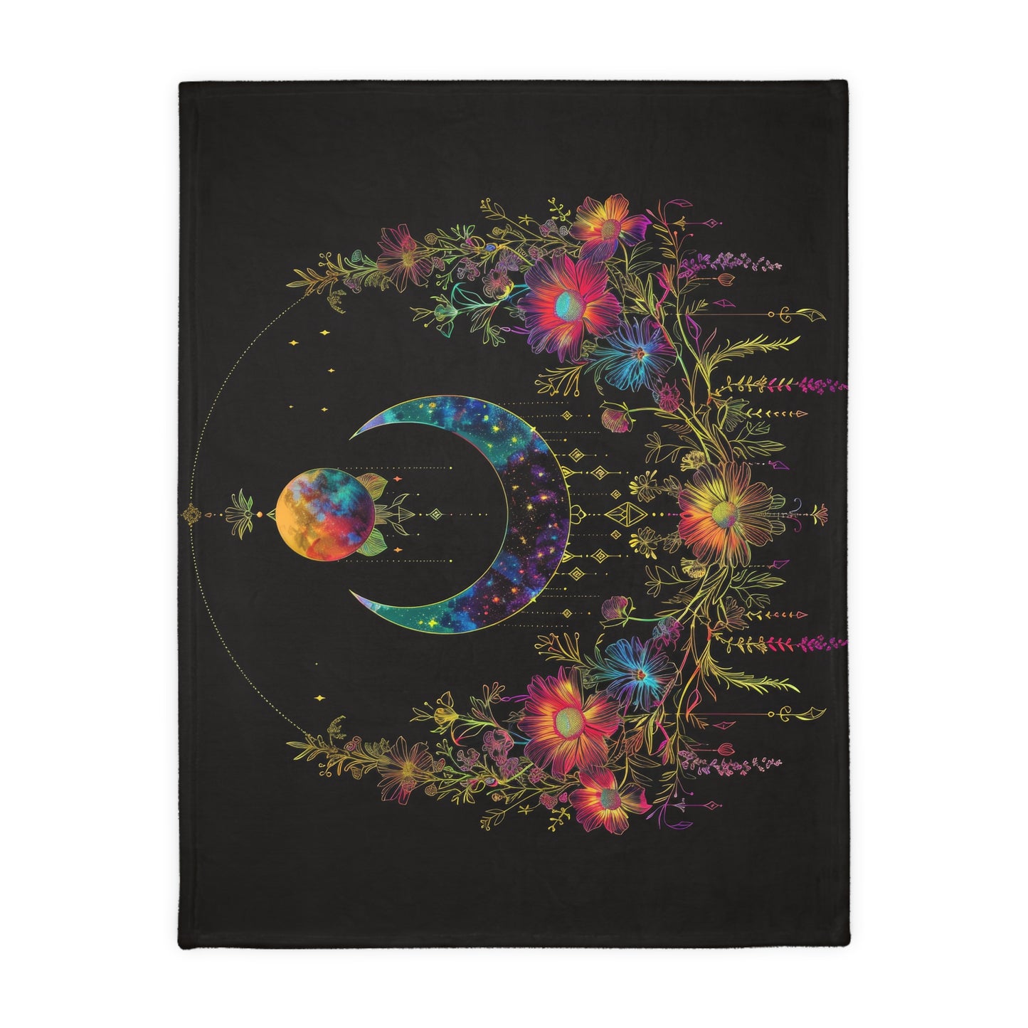 Celestial Garden Double-Sided Throw Blanket, Cosmic Bloom Aesthetic, Moonlit Floral Symphony, Starlit Wilderness Design, Galactic Botanical Art