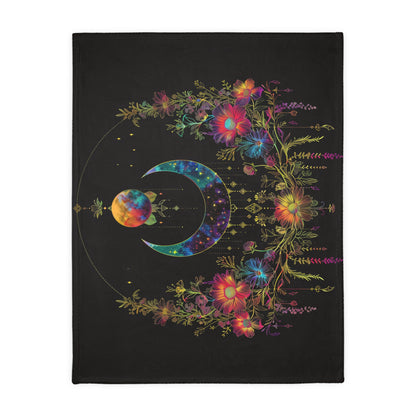 Celestial Garden Double-Sided Throw Blanket, Cosmic Bloom Aesthetic, Moonlit Floral Symphony, Starlit Wilderness Design, Galactic Botanical Art