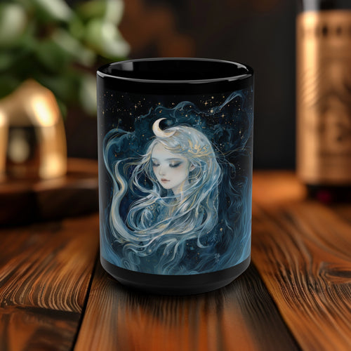 Selene's Moonlit Reverie 15oz Black Ceramic Mug, Goddess of the Moon Design, Celestial Elegance, Nocturnal Charm Sipware