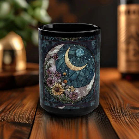 Moonlit Garden 15oz Ceramic Mug, Stained Glass Floral & Crescent Moon Design, Enchanting Nighttime Brew Cup for Tea and Twilight Musings