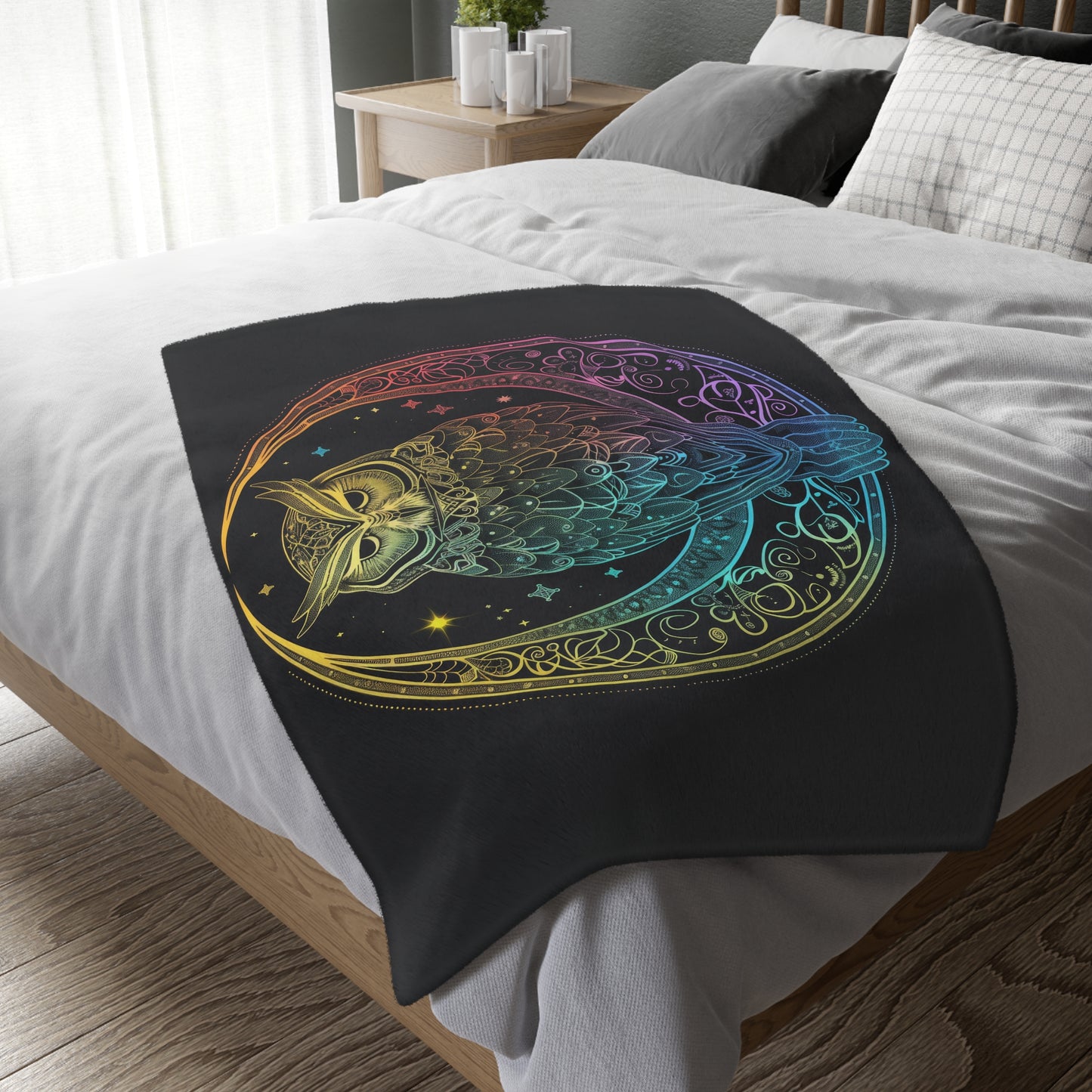 Lunar Sentinel Owl Double-Sided Throw Blanket, Moonlit Avian Emblem, Cosmic Wisdom Design, Starry Night and Lunar Motif, Mystical Moonlit Art