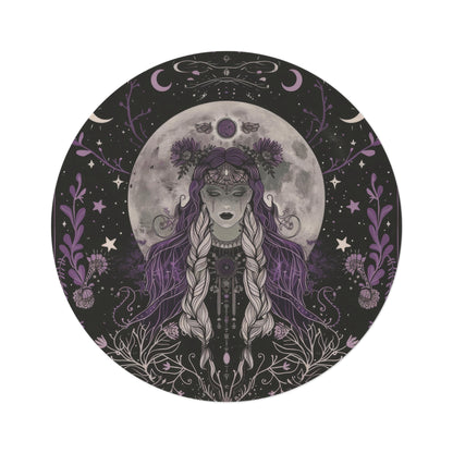 Lunar Goddess & Wildflowers Round Chenille Rug for Meditation, Living Room, and Bedroom – Full Moon and Dark Occult Design