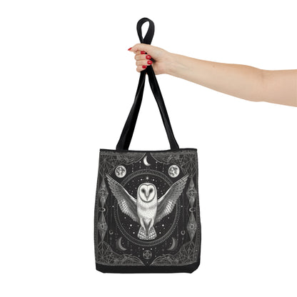 Mystical White Barn Owl Tote Bag – Dark Occult & Sacred Geometry Design, Durable Polyester in 3 Sizes with Black Handles