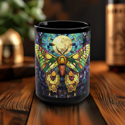 Sunset Moth & Moon 15oz Ceramic Mug, Stained Glass Imagery, Evening Serenity Coffee Cup, Inspirational Art for Night Owls & Dreamers