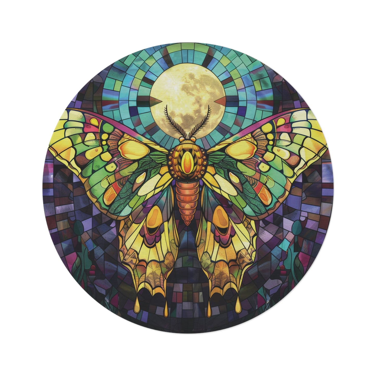 Sunset Moth & Full Moon Stained Glass Style Chenille Rug, Vivid Nature-Inspired Design, Artistic Decor for Home, Meditation & Rest Areas