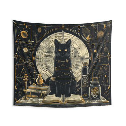 Mystical Black Cat & Magic Tomes Wall Tapestry, Enigmatic Occult Design with Geometric Patterns, Charming Decor for Bedrooms, Living Areas, and College Rooms