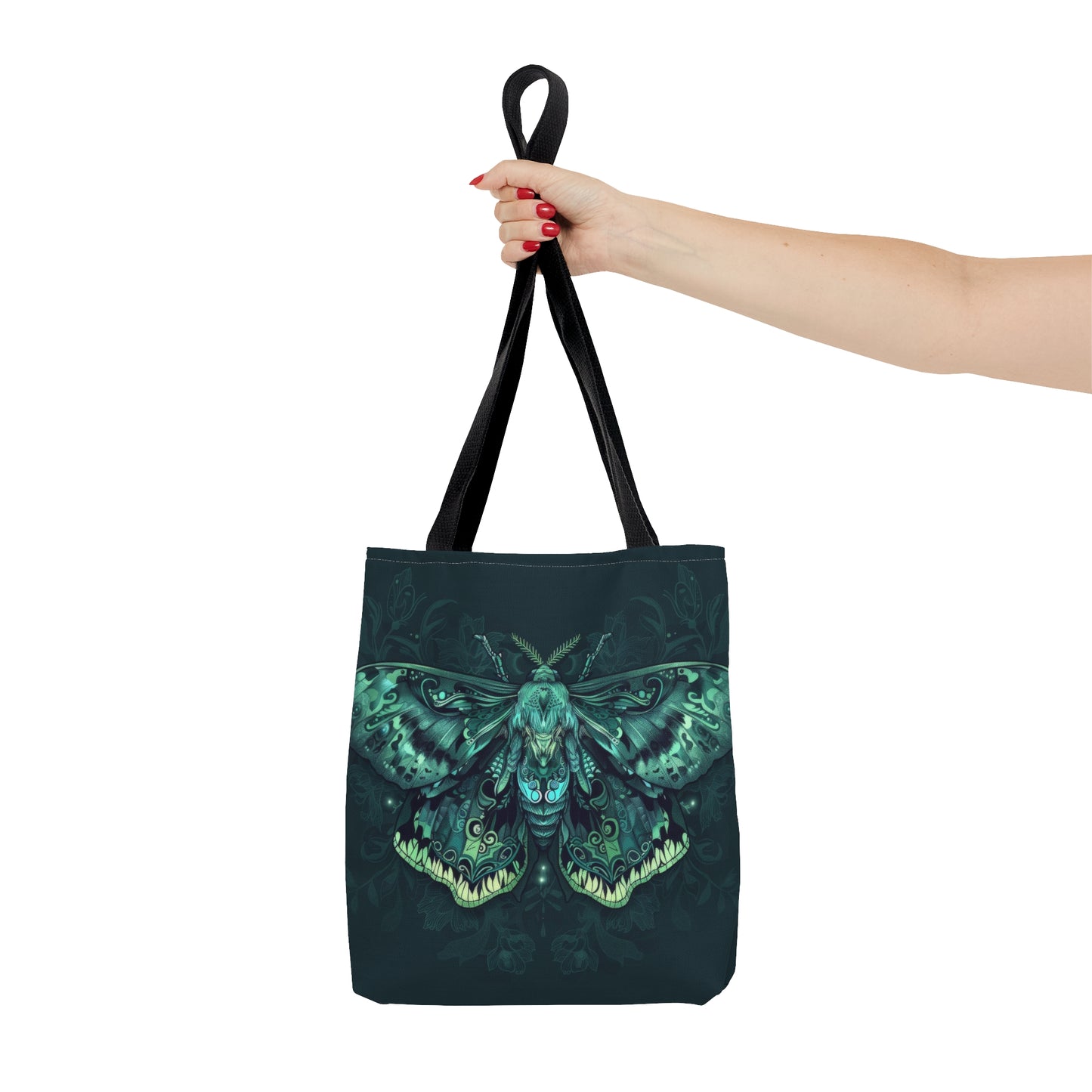 Lunar Moth Polyester Tote Bag (Double Sided), Emerald Inspired Design, Green Neon Style Fashion, 3 Sizes, Black Handles