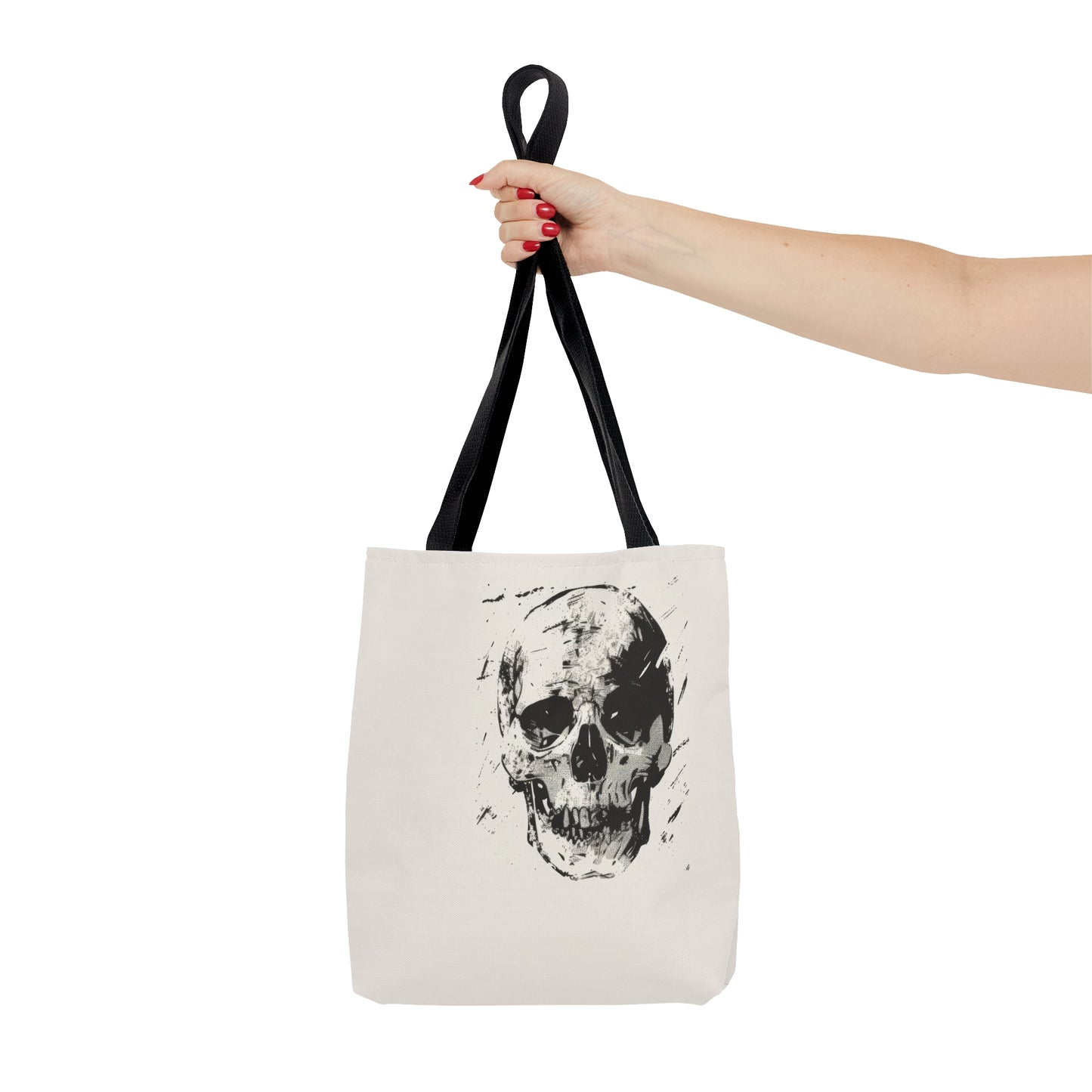 Grunge Skull Print Double Sided Tote Bag (3 Sizes), Monochrome Gothic Art Decor, Stylish Edgy Fashion, Black Handles, Minimalist Cryptic Aesthetic