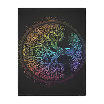 Mystic Arbor Double-Sided Throw Blanket, Enchanted Tree of Life Motif, Magical Spectrum Design, Folklore Forest Decor, Radiant Nature Art