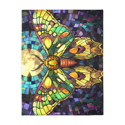 Illuminated Sunset Moth & Crescent Moon Stained Glass Double-Sided Throw Blanket, Luminous Winged Beauty, Luxurious Comfort for Restful Slumber