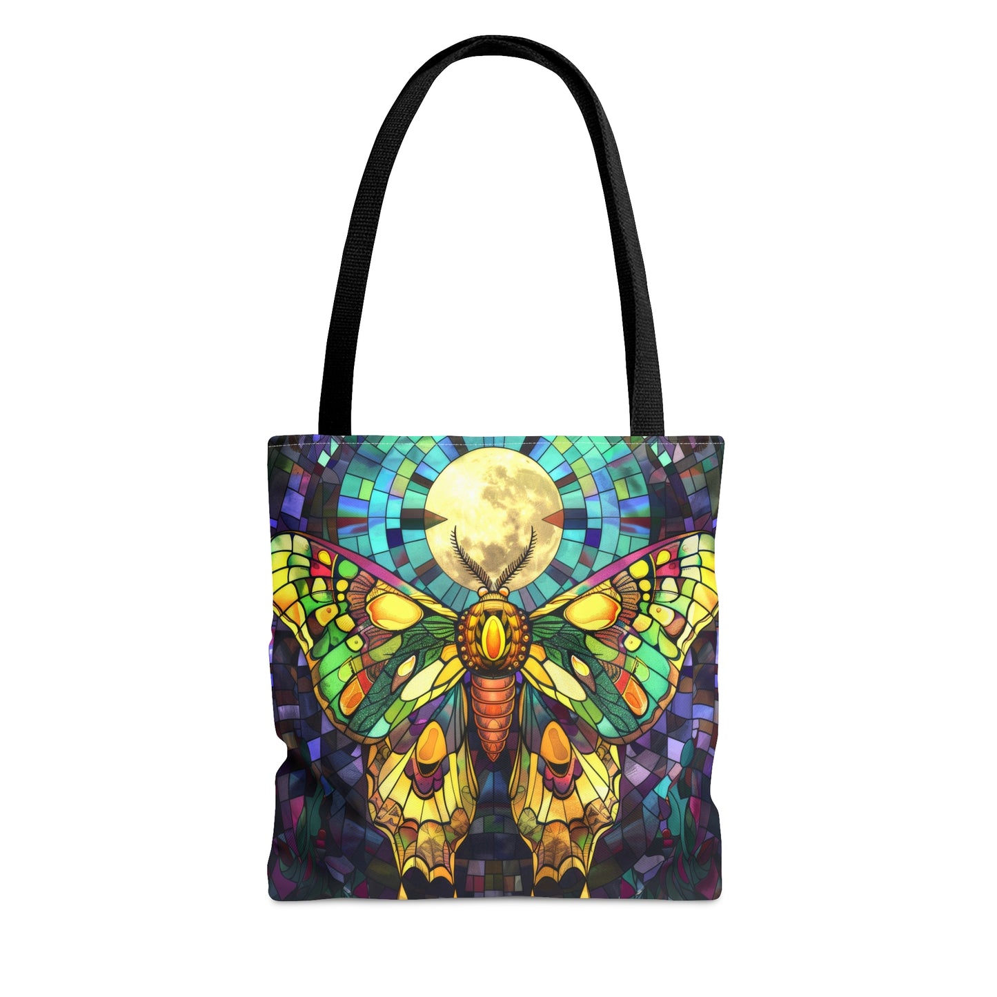 Mystic Moth & Moonlight Stained Glass Tote Bag, Enchanted Insect Design, Vibrant Accessory with Black Handles for Unique Style Statements