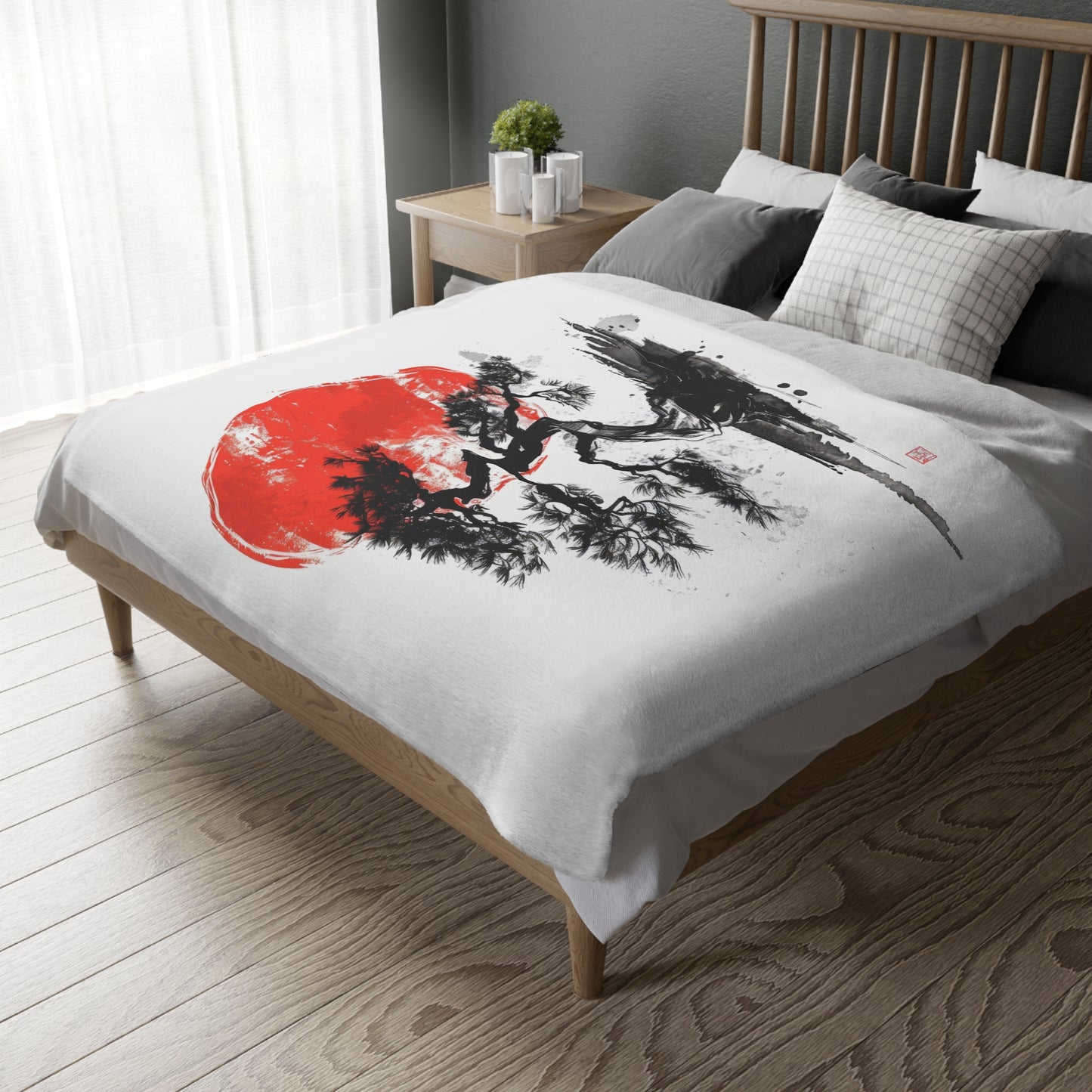 Traditional Chinese Bonsai & Red Sun 2-Sided Throw Blanket, Elegant Ink Wash Style Art, Serene Zen Decor for Home, Bedroom, Living Space, and Dorms