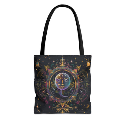 Rainbow Sun Electric Mandala Polyester Tote Bag (Double Sided), Colored Chalk Style, Sacred Geometry Designed Fashion, 3 Sizes, Black Handles