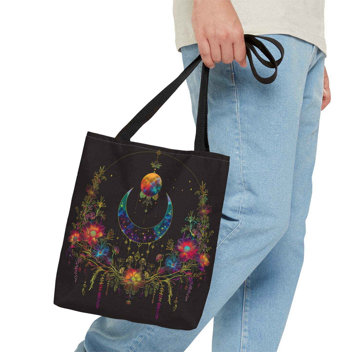 Celestial Garden Double-Sided Tote Bag, Cosmic Bloom Aesthetic, Moonlit Floral Symphony, Starlit Wilderness Design, Galactic Botanical Accessory