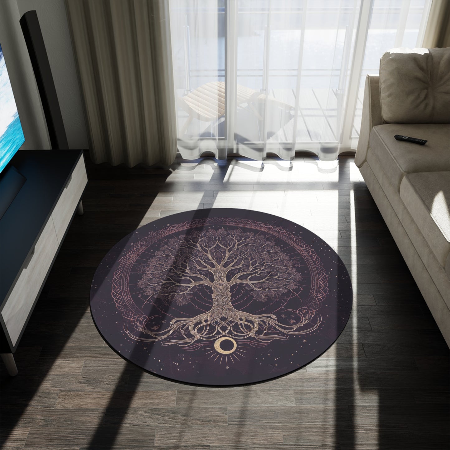 Purple Tree of Life Chenille Round Area Rug, Dark Occult-Inspired Design, Celtic Nature Decor for Home