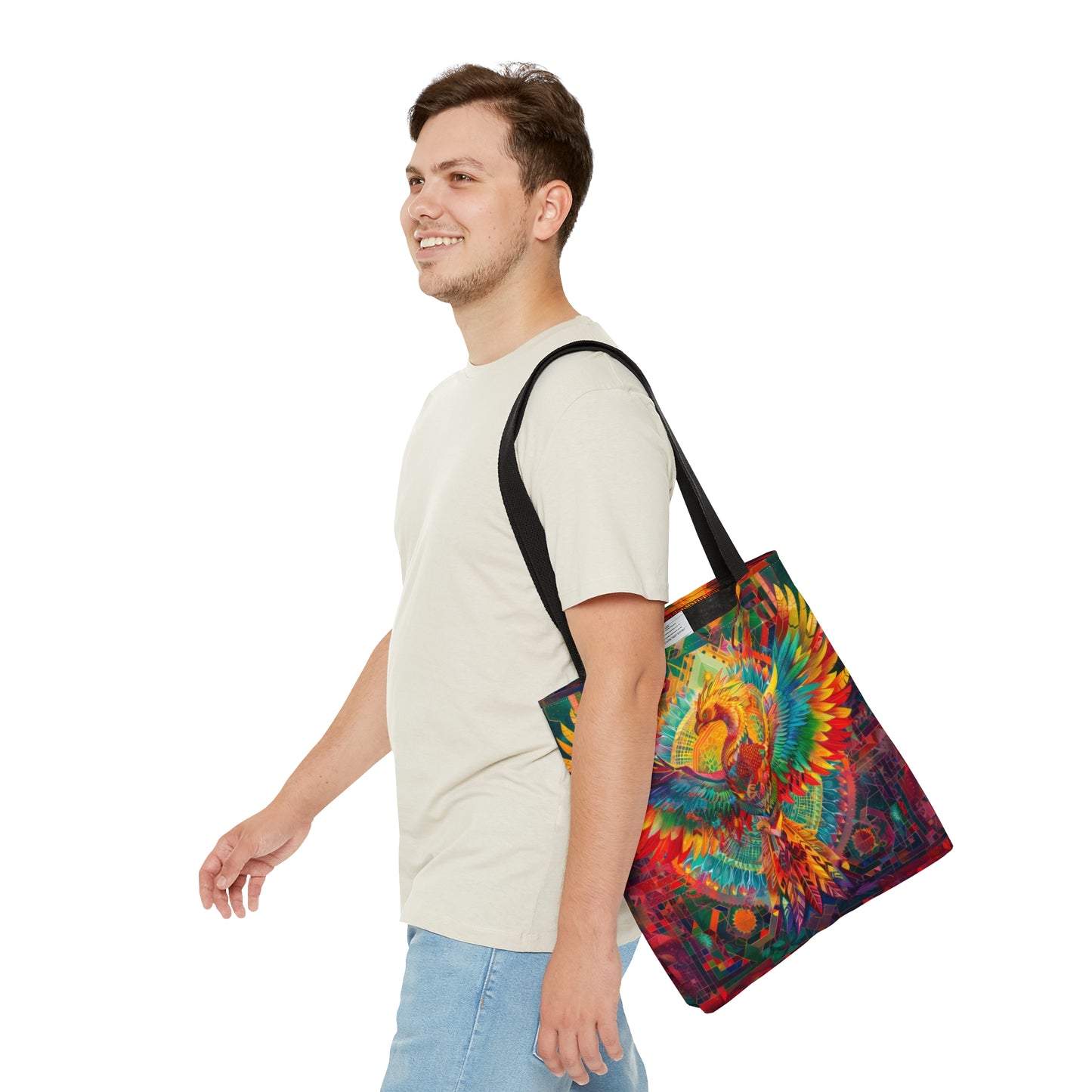 Psychedelic Rainbow Phoenix Double Sided Tote Bag, Street Art Aesthetic, Vibrant Colorful Fashion Style, 3 Sizes, Black Handles