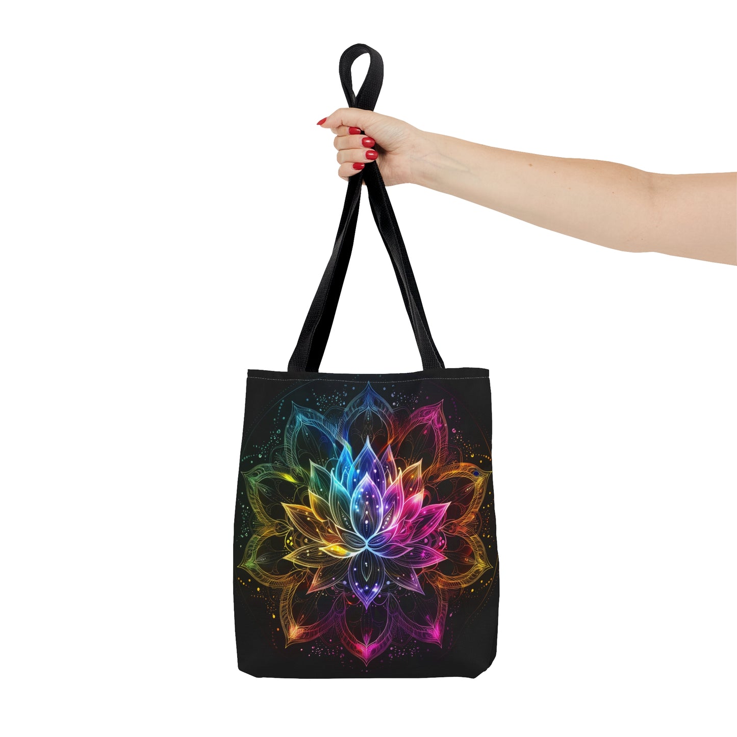 Luminous Lotus Double-Sided Tote Bag, Vibrant Energy Motif, Radiant Floral Mandala, Cosmic Bloom Design, Ethereal Color Spectrum Accessory