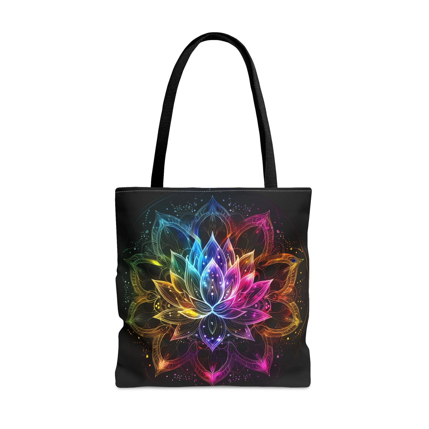 Luminous Lotus Double-Sided Tote Bag, Vibrant Energy Motif, Radiant Floral Mandala, Cosmic Bloom Design, Ethereal Color Spectrum Accessory