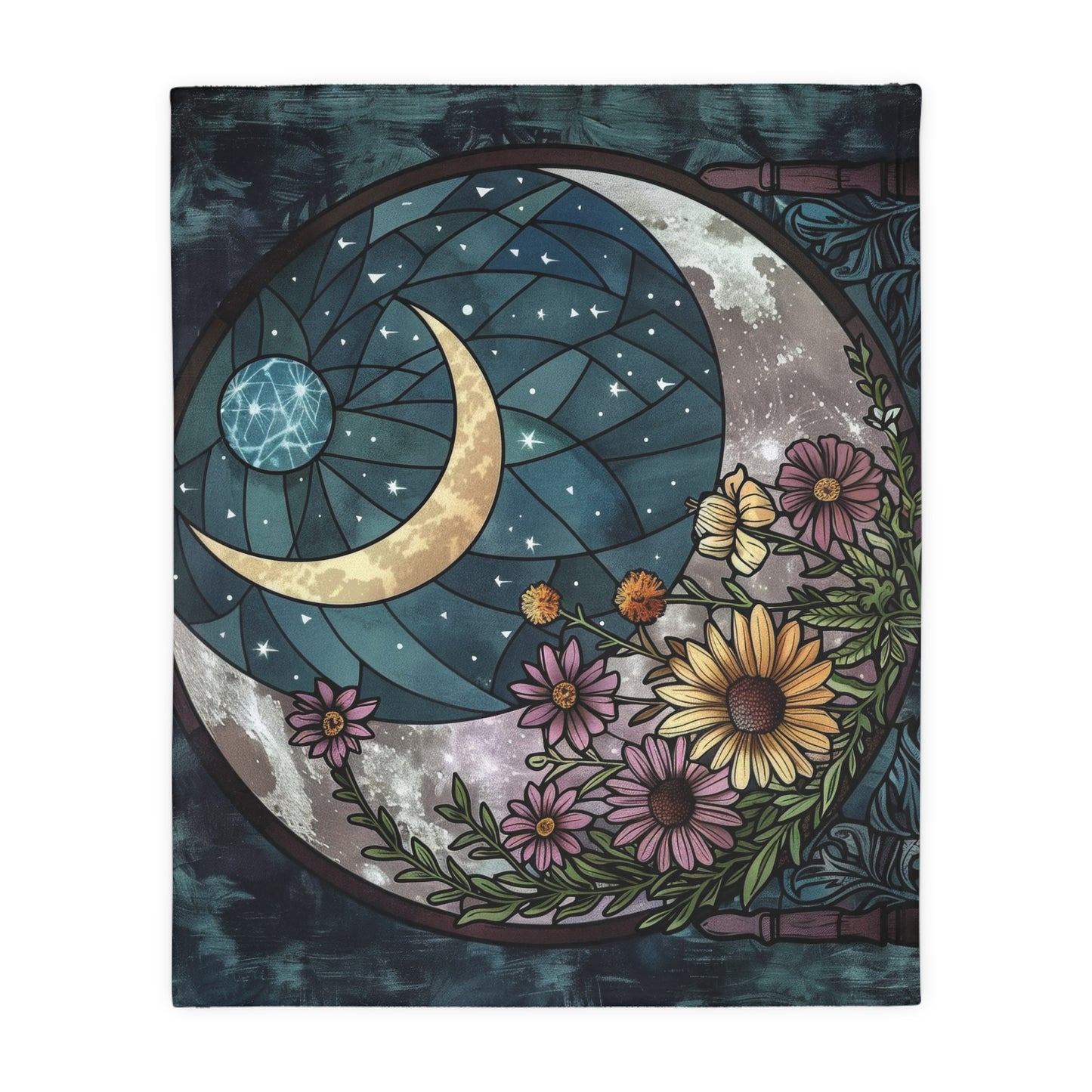 Nocturnal Blossom & Crescent Moon Stained Glass Double-Sided Throw Blanket, Starlit Floral Elegance, Soft Warmth for Evening Unwinding