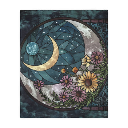 Nocturnal Blossom & Crescent Moon Stained Glass Double-Sided Throw Blanket, Starlit Floral Elegance, Soft Warmth for Evening Unwinding