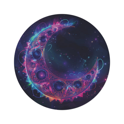 Electric Crescent Moon Chenille Round Area Rug, Vibrant Neon Glowing Lunar Aesthetic for Home