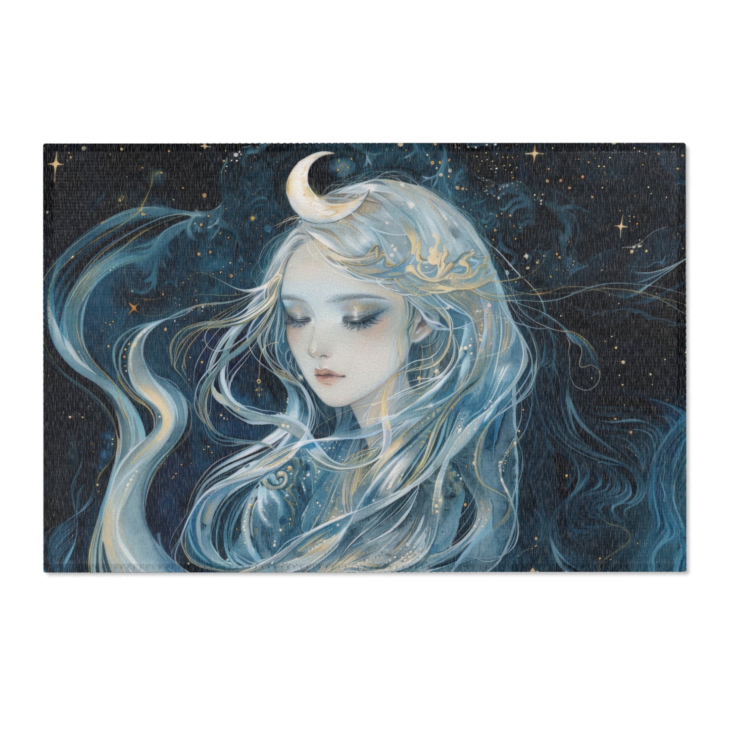 Selene's Moonlit Reverie Chenille Area Rug, Goddess of the Moon Visage, Celestial Elegance, Starry Night Floor Art