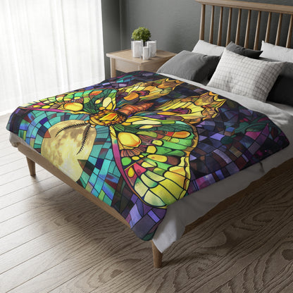 Illuminated Sunset Moth & Crescent Moon Stained Glass Double-Sided Throw Blanket, Luminous Winged Beauty, Luxurious Comfort for Restful Slumber