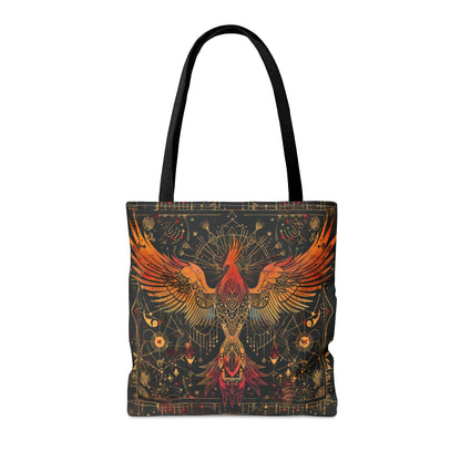 Rising Phoenix Polyester Tote Bag (Double Sided), Dark Occult and Sacred Geometry Inspired, Available in 3 Sizes with Black Handles