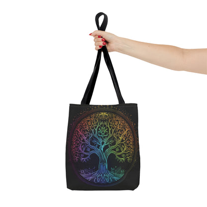 Mystic Arbor Double-Sided Tote Bag, Enchanted Tree of Life Motif, Magical Spectrum Design, Folklore Forest Decor, Radiant Nature Accessory