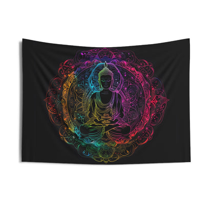 Buddha's Serene Mandala Indoor Wall Tapestry, Neon Enlightenment Motif, Spiritual Radiance, Zen Circle Design, Vibrant Meditation Wall Art